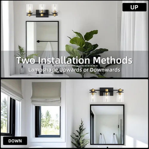 Miniatura 7 de LOUSACE Lámpara de baño negra y dorada, 3 luces de tocador de baño, moderna luz de baño sobre espejo con pantallas de vidrio transparente, enchufe