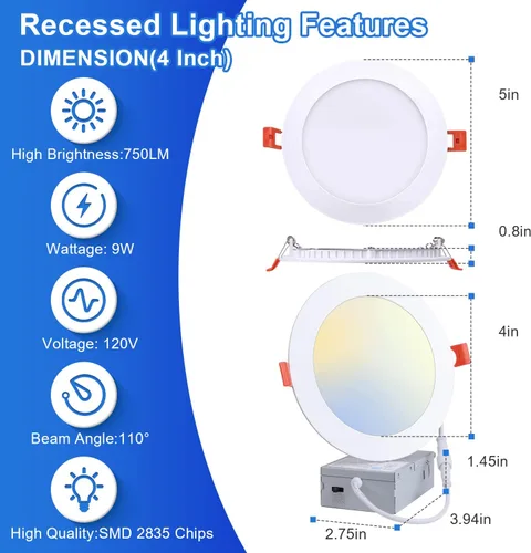 Miniatura 4 de Paquete de 40 luces LED empotrables ultrafinas de 4 pulgadas con caja de conexiones -5CCT 2700K/3000K/3500K/4000K/5000K seleccionables, 9W 720LM