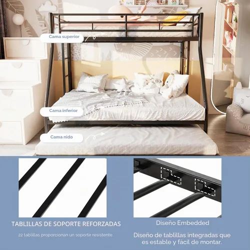Miniatura 5 de SUNLEI Cama alta de metal con 2 escaleras seguras, litera individual sobre matrimonial con nido, camas nido con protección de seguridad individual