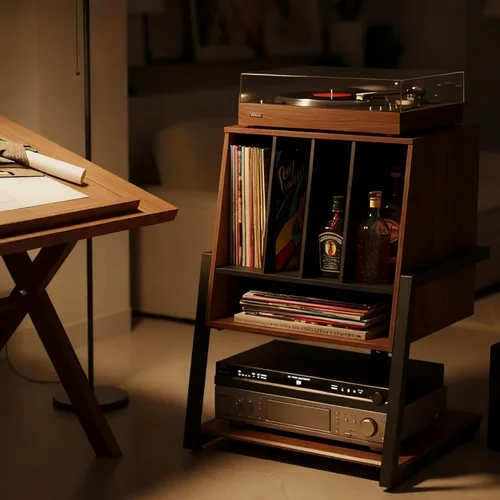 Miniatura 7 de FITUEYES Armario de bar de diseño con soporte giratorio, gabinete de barra de registro vintage, almacenamiento de vinilo y exhibición de vino, grano