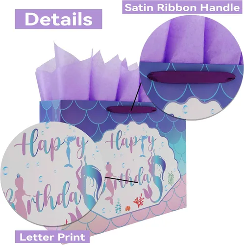 Miniatura 4 de Qirrmiy Juego de bolsas de regalo de cumpleaños de sirena extra grande de 16.5 pulgadas con asas, tarjeta de felicitación, papeles de seda morados