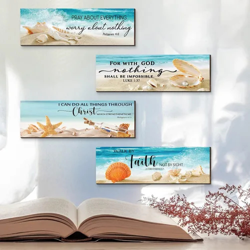 Miniatura 7 de Maitys 4 piezas de decoración de pared cristiana para el día del padre, temática de playa, océano, inspirador, versículos de la Biblia, letrero