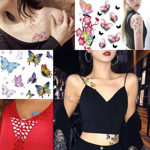 Miniatura 2 de 30 hojas de tatuajes temporales de mariposa para mujeres, niñas y adultos, mariposas 3D, calcomanías de tatuaje falsas sexys, impermeables, arte