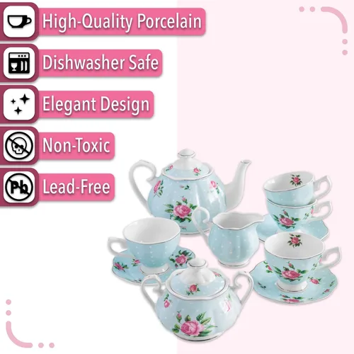 Miniatura 4 de BTaT - Juego de té floral para adultos, 13 piezas, servicio para 4, olla (38 onzas) y tazas (8 onzas) con platillos, diseño floral azul pastel