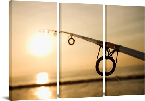iKNOW FOTO 3 piezas de lienzo impreso para pesca, arte de pared, caña de pescar contra el océano al atardecer, fotografía de naturaleza, pintura