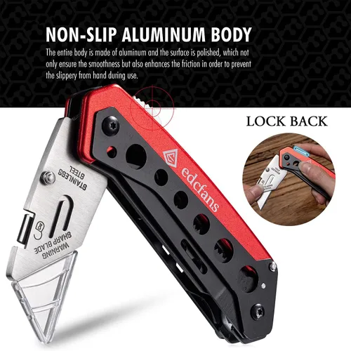 Miniatura 4 de edcfans Navaja Plegable Multiusos Cortador de Cajas con 5 Hojas de Afeitar, Navajas de Bolsillo, Destornillador, Sierra, Diseño con Seguro, Clip