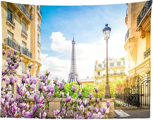 Miniatura 5 de BELECO Telón de fondo romántico de la Torre Eiffel de París, de 5 x 3 pies, diseño romántico de París, flores florecientes de primavera, cielo azul