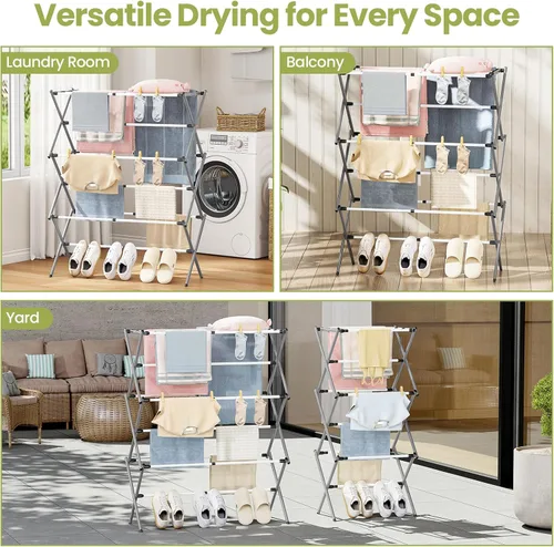 Miniatura 7 de APEXCHASER 3-Tier Foldable Clothes Drying Rack, Metal Expandable Laundry Rack, 45.28" Height, Adjustable Width 24.76-35.51", Space Saving, Indoor