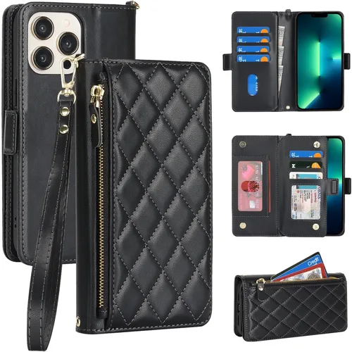 Miniatura 16 de Funda compatible con iPhone 13 Pro Max para Apple 12 Pro Max, piel sintética naranja, rombo para mujeres y hombres, bolsillo con cremallera