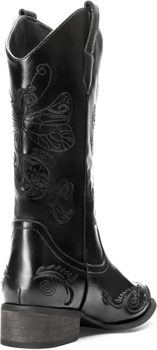 Miniatura 3 de DREAM PAIRS Botas vaqueras de media pantorrilla para mujer, botas vaqueras bordadas cosidas con punta cuadrada, botas occidentales