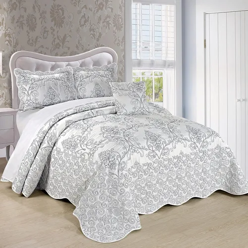 Miniatura 7 de Home Soft Things Juego de colcha de damasco de 4 piezas, edredón reversible con borde festoneado, juego de ropa de cama prelavado, patrón floral