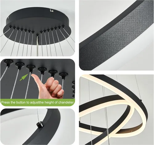 Miniatura 6 de Benkut 5 Anillos D31.5 Lámpara de Araña LED Moderna Negra Grande Regulable Circular para Techo Alto con Control Remoto para Vestíbulo, Comedor, Sala