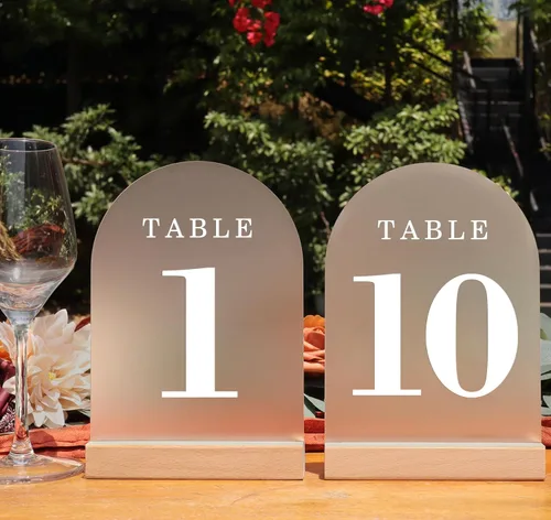 Números de mesa de boda del 1 al 10, letreros de arco acrílico con soportes de madera natural, decoración de mesa rústica para recepción y fiestas