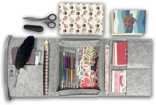 Kit de escritura de letras de Pen Pal, organizador de fieltro, bolígrafo de plumas de lujo, papel, tarjetas y sobres, bolígrafos de gel, tijeras,