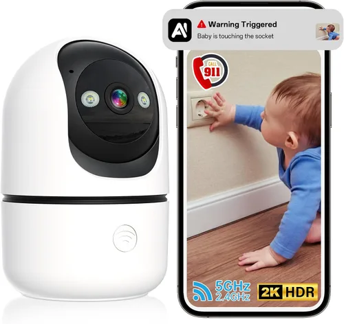 Cámara de seguridad para interiores - Cámaras WiFi 5G y 2.4G para seguridad en el hogar Alerta 911 interior, 2K 360° Pan/Tilt AI Detección de Blanco