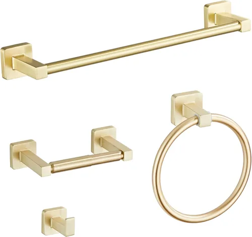 Juego de 4 piezas de accesorios de baño de color dorado cepillado claro, juego de toallero de acero inoxidable montado en la pared, incluye toallero