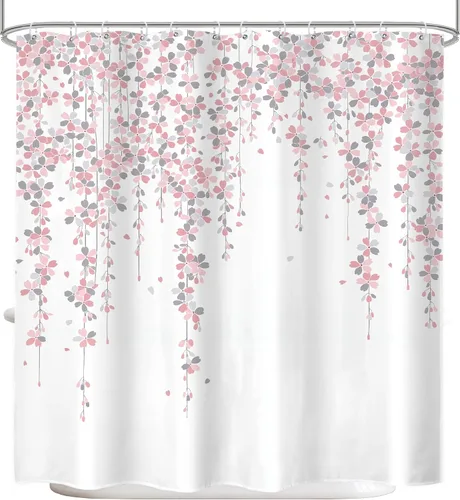 Miniatura 7 de Cortina de ducha floral gris y rosa de 72x72 pulgadas, flores de cerezo en rosa polvoriento y flores llorosas en primavera, tela impermeable