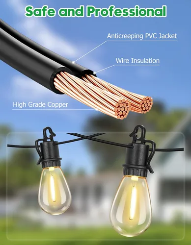 Miniatura 4 de Guirnalda de luces para exteriores de 100 pies con 35 ofertas de patio inastillables S14 bombillas Edison vintage E12, luces regulables de 2700 K
