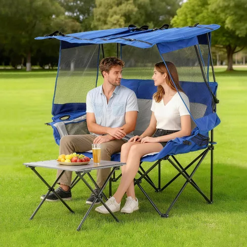 Miniatura 2 de Sillas de campamento dobles con toldo plegable, silla de playa resistente, de gran tamaño, silla de dos plazas acolchada para exteriores, para 2