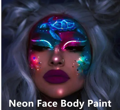 Miniatura 3 de Go Ho Pintura corporal azul neón lavable (2.37 onzas, 2.4 fl oz), pintura facial neón con luz negra UV, pintura facial azul fluorescente a base