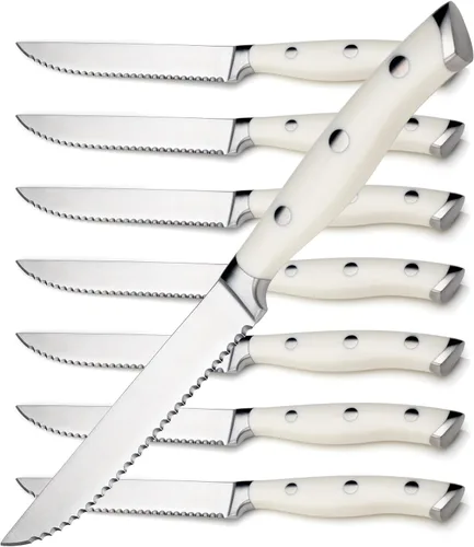 Miniatura 16 de Alata Juego de cuchillos para carne de 8 piezas, 4.7 pulgadas con borde dentado, cuchillos afilados para cena, construcción de espiga completa Negro