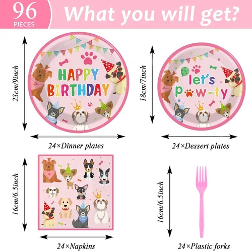 Miniatura 2 de 96 piezas de decoración de fiesta de cumpleaños con temática de perro, vajilla para fiesta de cachorros, platos de postre, servilletas, tenedores