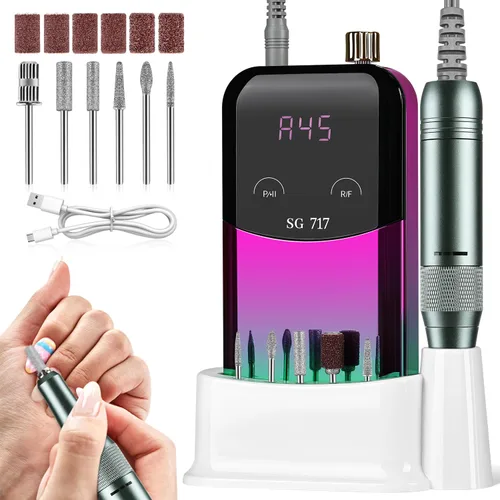 Miniatura 9 de JEWHITENY Taladro de uñas profesional recargable 35000 RPM, SG707 lima de uñas eléctrica con 6 brocas para uñas acrílicas, eliminación de pulido