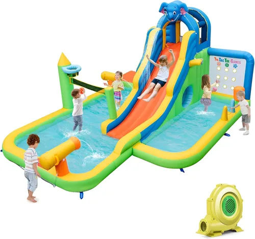 Miniatura 12 de HONEY JOY Tobogán acuático inflable, doble tobogán gigante con parque acuático con escalada, piscina de salpicaduras, toboganes acuáticos inflables