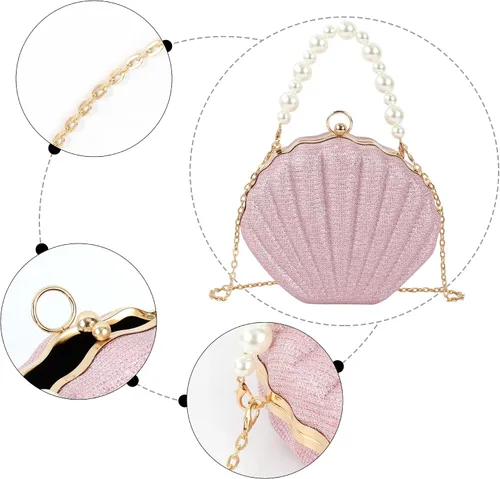 Miniatura 4 de ZLM BAG US Bolso de mano de noche con purpurina Seashell Mini Chain Crossbody Bag PU Cuero Shell Pearl Bolso de hombro, Y-Rosa