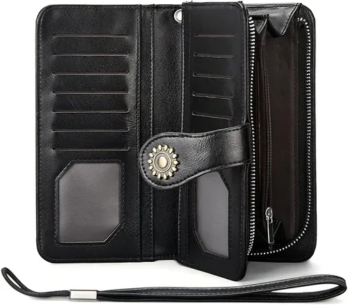Miniatura 4 de BROMEN Billeteras de cuero para mujer cartera grande de mano para teléfono 2-negro Vintage