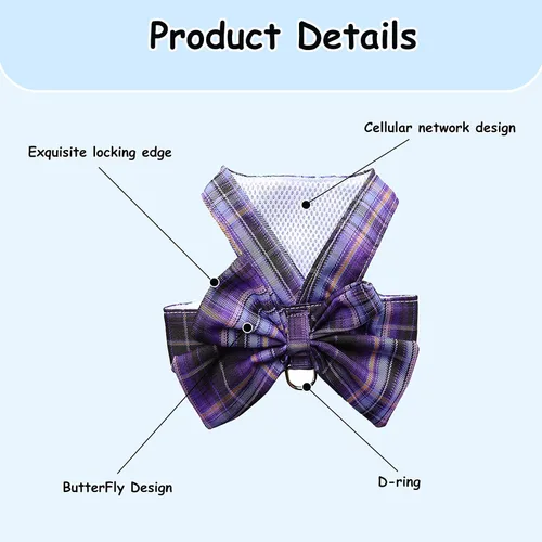 Miniatura 3 de Conjunto de Vestido a Cuadros para Perro con Corbata de Moño, Arnés y Correa, Ropa para Perro Vestido con Arnés con Anilla para Correa para Perros