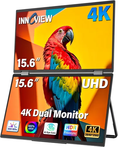InnoView Monitor Portátil Dual 4K de 15.6 pulgadas 3840x2160P 100% sRGB | Owl Eye Vision - Diseño Plegable con Ajuste de Pantalla de 315°, Soporte