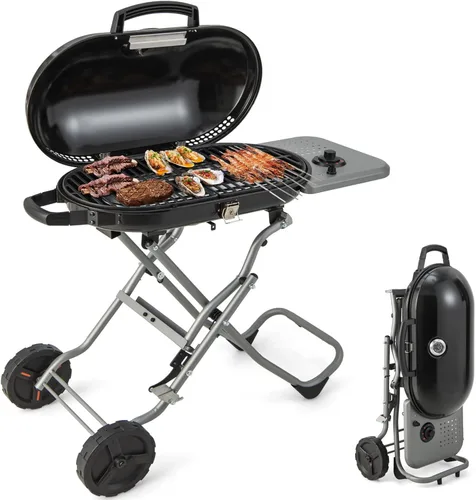 Giantex Parrilla de gas propano portátil con quemador de 15,000 BTUs, mesa auxiliar, 2 ruedas, bandeja de grasa, marco de metal, parrilla de gas