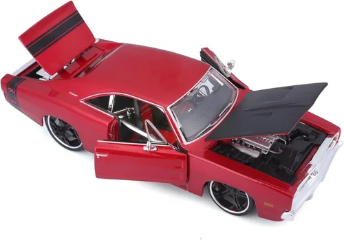 Miniatura 5 de 1969 Dodge Charger R/T Rojo Metálico con Capucha Negra y Rayas Negras Classic Muscle 1/25 Modelo de Auto Fundido a Presión por Maisto