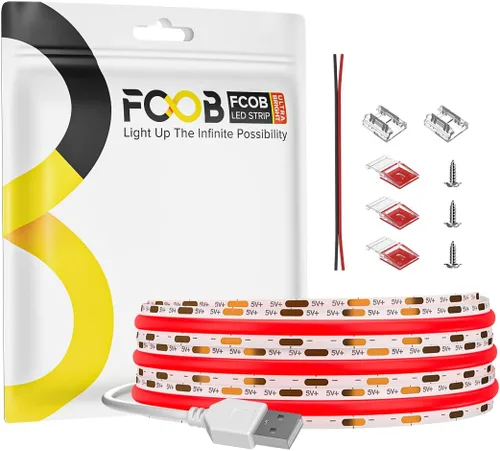 Miniatura 12 de Tira de luz LED USB de 6.56 pies, 5 voltios alimentada por USB, luces LED COB de 4000 K, blanco natural, 0.315 in, tiras flexibles de alta densidad