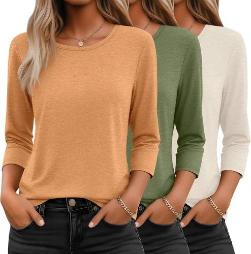 Miniatura 16 de Ficerd Paquete de 3 camisetas de manga 3/4 para mujer, cuello redondo, camisetas básicas elegantes, casuales, modernas, holgadas