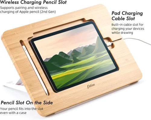 Miniatura 6 de ELETIUO Soporte ajustable para tablet con ranura para lápiz y cable de cargador, soporte de madera de bambú con múltiples ángulos, organizador