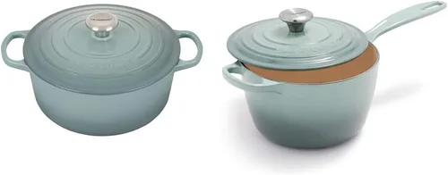 Le Creuset Horno holandés redondo de hierro fundido esmaltado con tapa, 5.5 cuartos de galón, sal marina y cacerola Signature - Sal marina