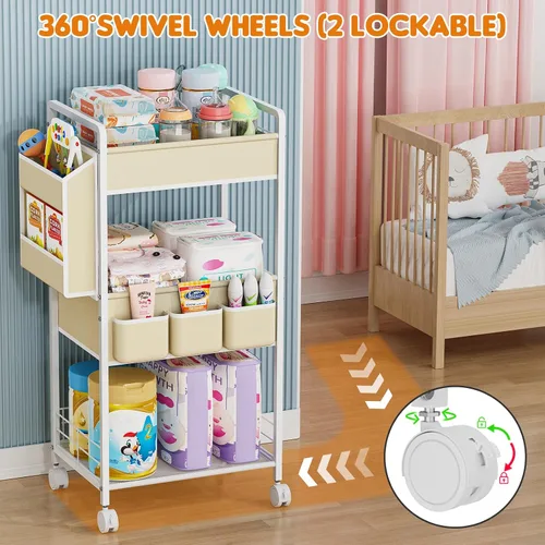 Miniatura 3 de JBBTOOL Organizador de pañales 2 en 1 y carrito de pañales rodante de 3 niveles, organizador de pañales con divisores y bolsillos, carrito móvil