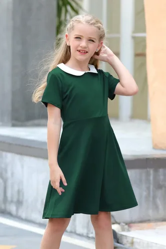 Miniatura 3 de GORLYA Vestido de fiesta casual de manga corta para niña con cuello Peter Pan ajustado y acampanado con bolsillos, 4-12 años