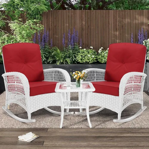 Miniatura 34 de MEETWARM Mecedora de mimbre para exteriores, sillas mecedoras de ratán para patio con cojines y respaldo alto, silla de mimbre para patio para todo