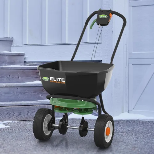 Miniatura 10 de Scotts Esparcidor Elite para semillas de césped, malezas y fertilizante, sal y derretimiento de hielo, esparcidor de empuje duradero con capacidad