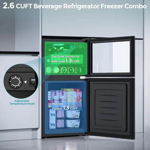 Miniatura 4 de Electactic Mini refrigerador de 2.6 pies cúbicos con congelador, refrigerador compacto de 2 puertas, enfriador de vino de bebidas independiente
