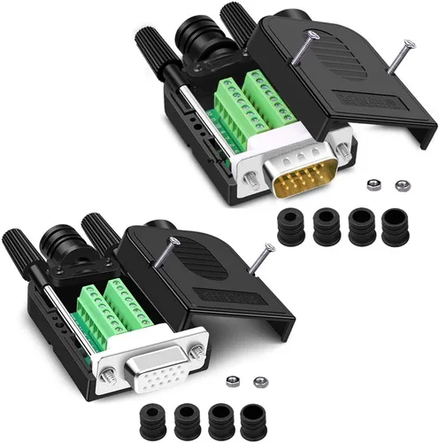 Miniatura 9 de 2 unids hembra VGA sin soldadura conector rápido 0.630 in más delgado 3+9 DB15 3 fila enchufe serie a 15 pines terminal de puerto hembra adaptador