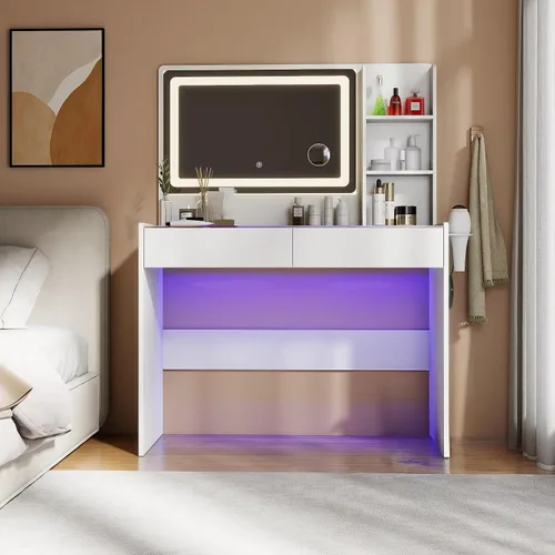 Miniatura 9 de Escritorio de maquillaje con espejo y luces, 3 modos de iluminación y brillo ajustable, tocador de maquillaje con toma de corriente, 2 cajones RGB