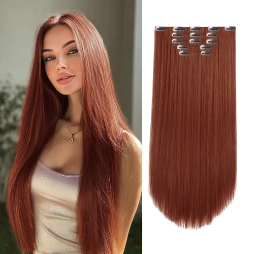 Miniatura 28 de Extensiones de cabello sintético con clip, color burdeos de 18 pulgadas de largo, invisibles, gruesas, extensiones de cabello lacio con clips, 5