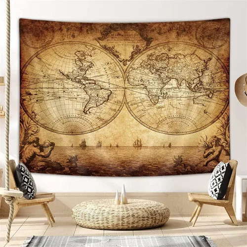 Miniatura 4 de JAWO Tapiz vintage antiguo de mapa del mundo, mapa náutico retro de doble hemisferio para colgar en la pared, mapa del mundo antiguo, arte de pared