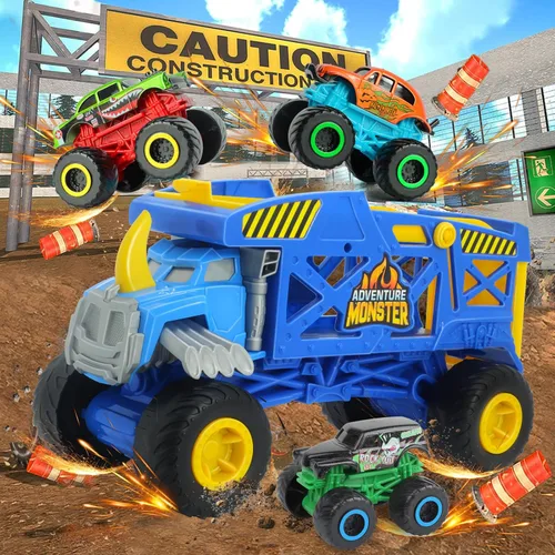 Miniatura 6 de Monster Trucks Hauler Rhino con 3 mini camiones y lanzamiento de súper rampa, regalo para niños a partir de 3 años