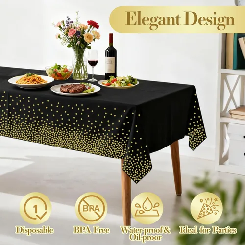 Miniatura 4 de hapray Paquete de 4 manteles de plástico para mesas rectangulares, manteles desechables impermeables negros y dorados, manteles para fiestas
