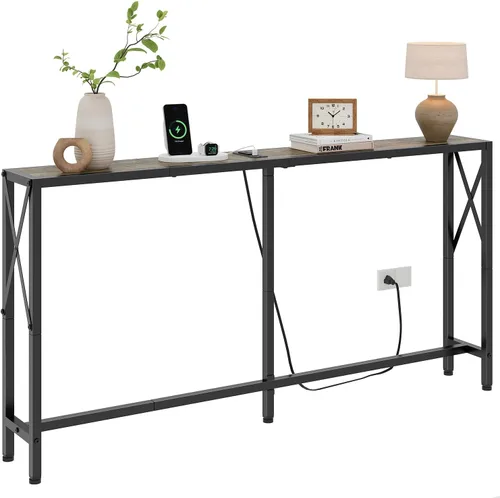 Miniatura 16 de Gewudraw Mesa consola de 41.7 pulgadas con tomacorriente, mesa estrecha detrás del sofá, diseño industrial delgado para pasillo, entrada, sala